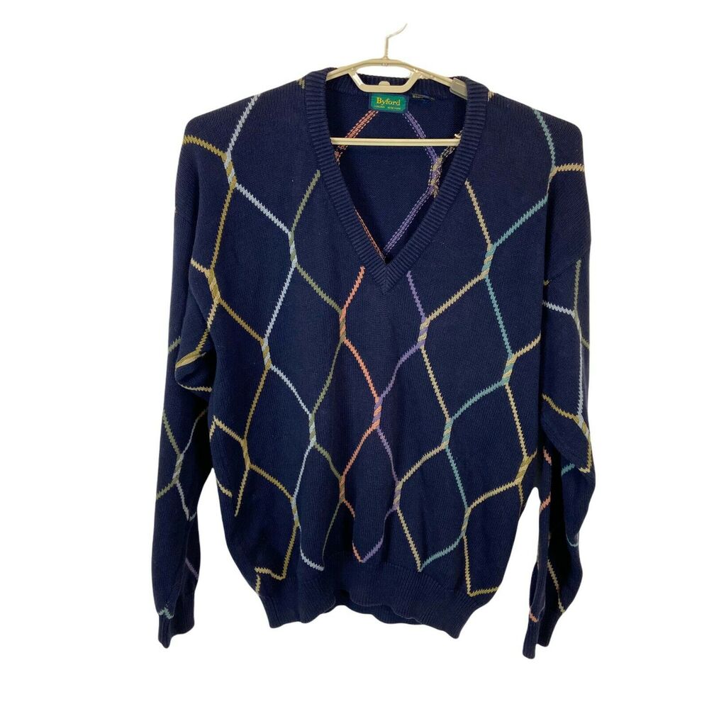 V Neck Pullover Sweater Vintage Byford Men's Navy Grandpa Long Sleeve Size Large